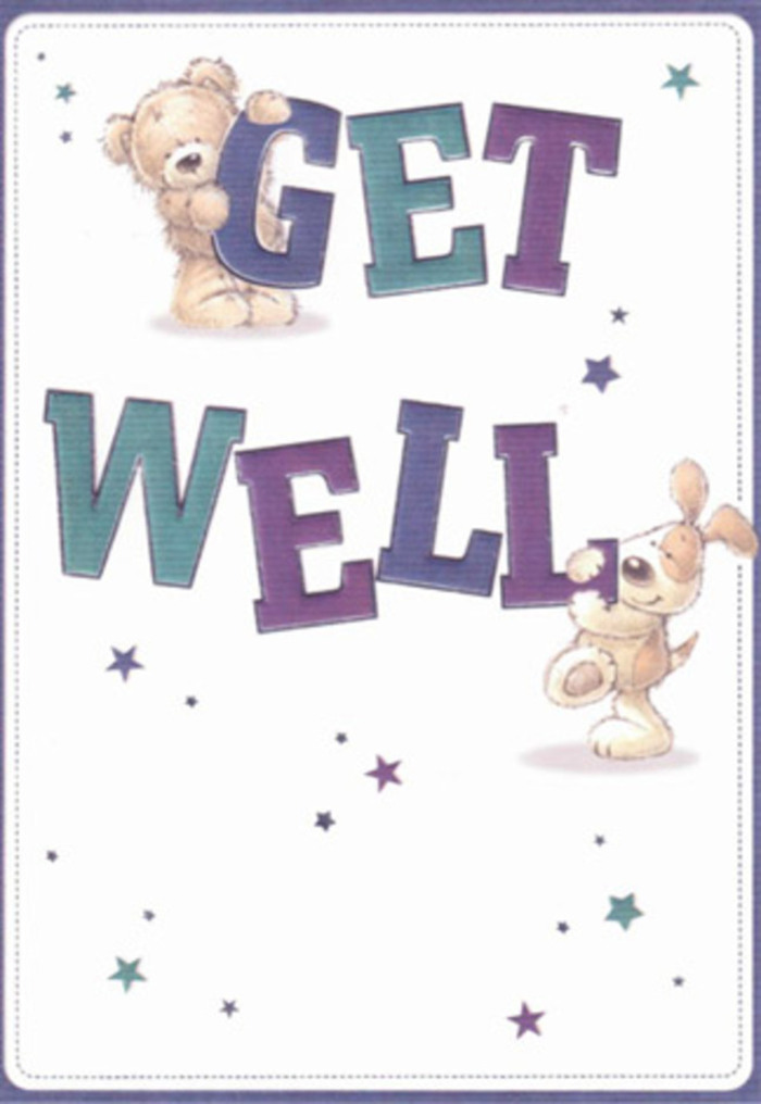 This vibrant get well card captures a scene that could have blossomed from one of Tooting Bec's welcoming local shops-an embrace of comfort and cheer that transcends age. At the center, a kindly bear and a playful puppy are surrounded by dancing stars, as if scattering invisible petals of hope across a pristine white field. The bold typography, shaded in inviting tones of purple and teal, commands attention with its joyful buoyancy, echoing the sort of confidence and reassurance found in a locally delivered bouquet crafted on a sunny corner near Tooting Bec Station. Touch comes alive in these details: the imagined softness of the bear's fur, the gentle flop of the puppy's ears, their forms rendered in a style that beckons an emotional response. Each element-from the starlit accents to the sweeping letters-reflects the same patience and artistry that goes into a bespoke get well arrangement. One might picture sending this card alongside a bright, fragrant handful of locally grown blooms, together brightening a bedside table and offering a tangible sign of care. The result is a perfect blend of whimsy and heartfelt encouragement-the very qualities that have always defined the spirit of our Tooting Bec community.